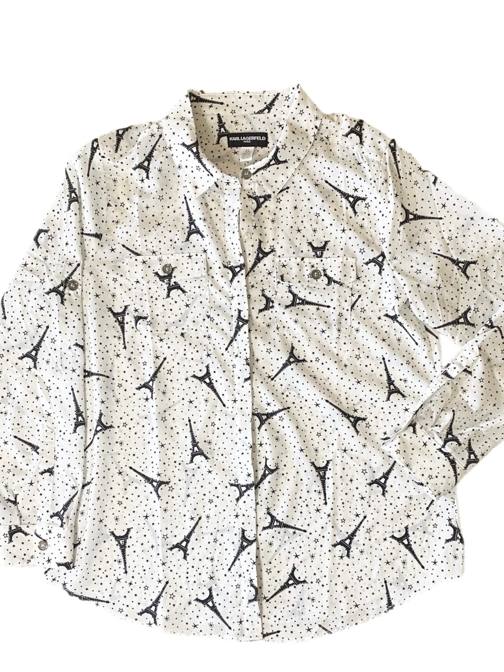 Karl Lagerfeld Eiffel Tower Star Print Long Or Short Sleeve Top Size L